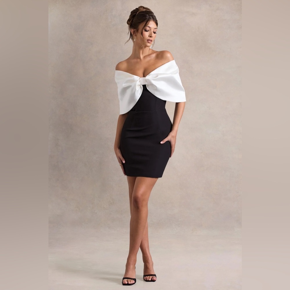 DEWDROP BLACK & WHITE MINI DRESS WITH OVERSIZED BOW | CLUB L LONDON